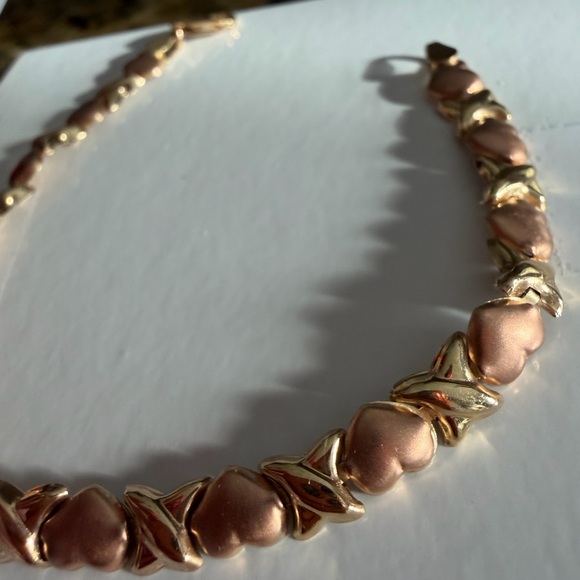 Fashion Jewelry Jewelry - 10K Solid Gold X & Heart Link Bracelet Two Tone Rose Gold 7” with Gift Box